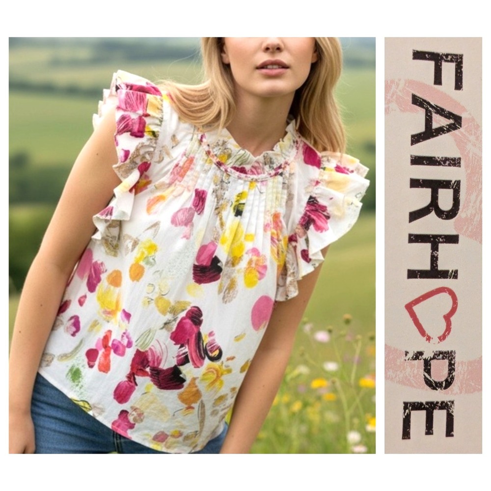 Fairhope Floral 100% Cotton Ruffle Flutter Sleeve Pleated Boxy Top S